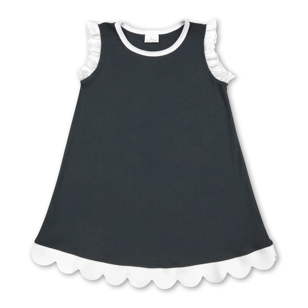 RTS NO MOQ Sibling cotton Baby Girls Solid Sleeveless Scallop Trim Knee Length Casual Summer Dress