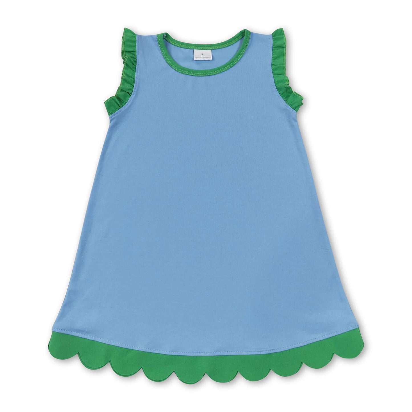 RTS NO MOQ Sibling cotton Baby Girls Solid Sleeveless Scallop Trim Knee Length Summer Dress