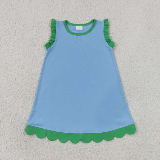 NEW RTS NO MOQ cotton GSD4060 Baby Girls Green Blue Sleeveless Scallop Knee Length Dresses
