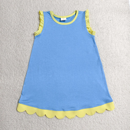 RTS NO MOQ cotton GSD4061 Baby Girls Sleeveless Scallop Blue Knee-Length Dresses Summer Clothes