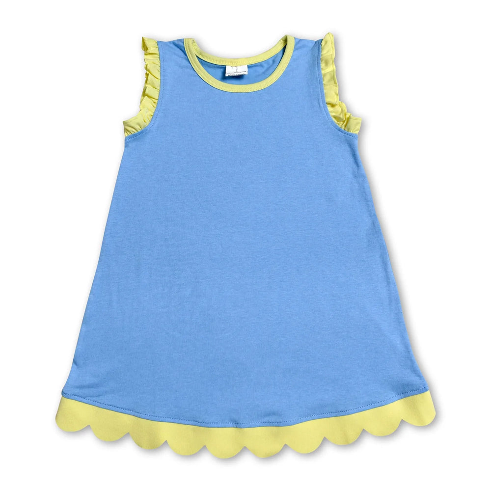 RTS NO MOQ Sibling cotton Baby Girls Solid Sleeveless Scallop Trim Knee Length Casual Summer Dress