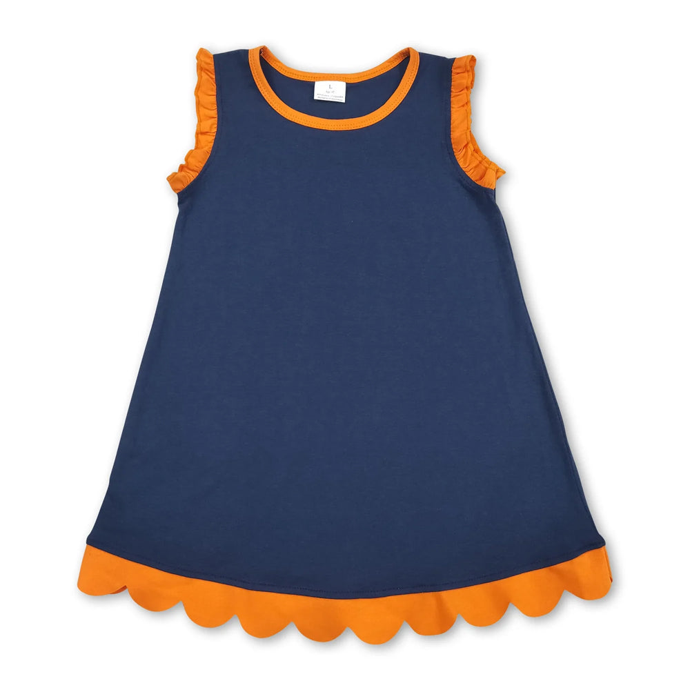 RTS NO MOQ Sibling cotton Baby Girls Navy Orange Sleeveless Vest And Scallop Hem Short Skirt Yoga Set Scallop Knee Length Dresses