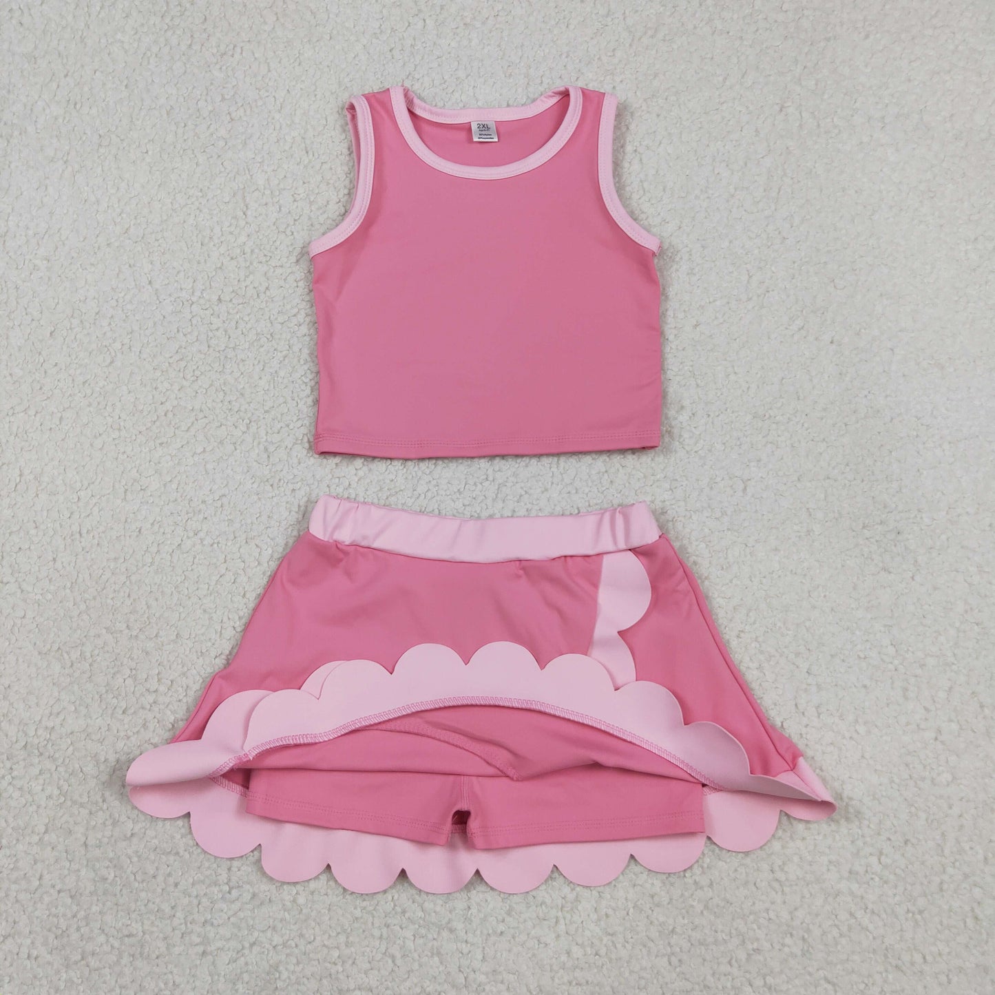 RTS NO MOQ yoga fabric cotton GSD4063 Baby Girls Summer Pink Sleeveless Scallop Skirt Yoga Set