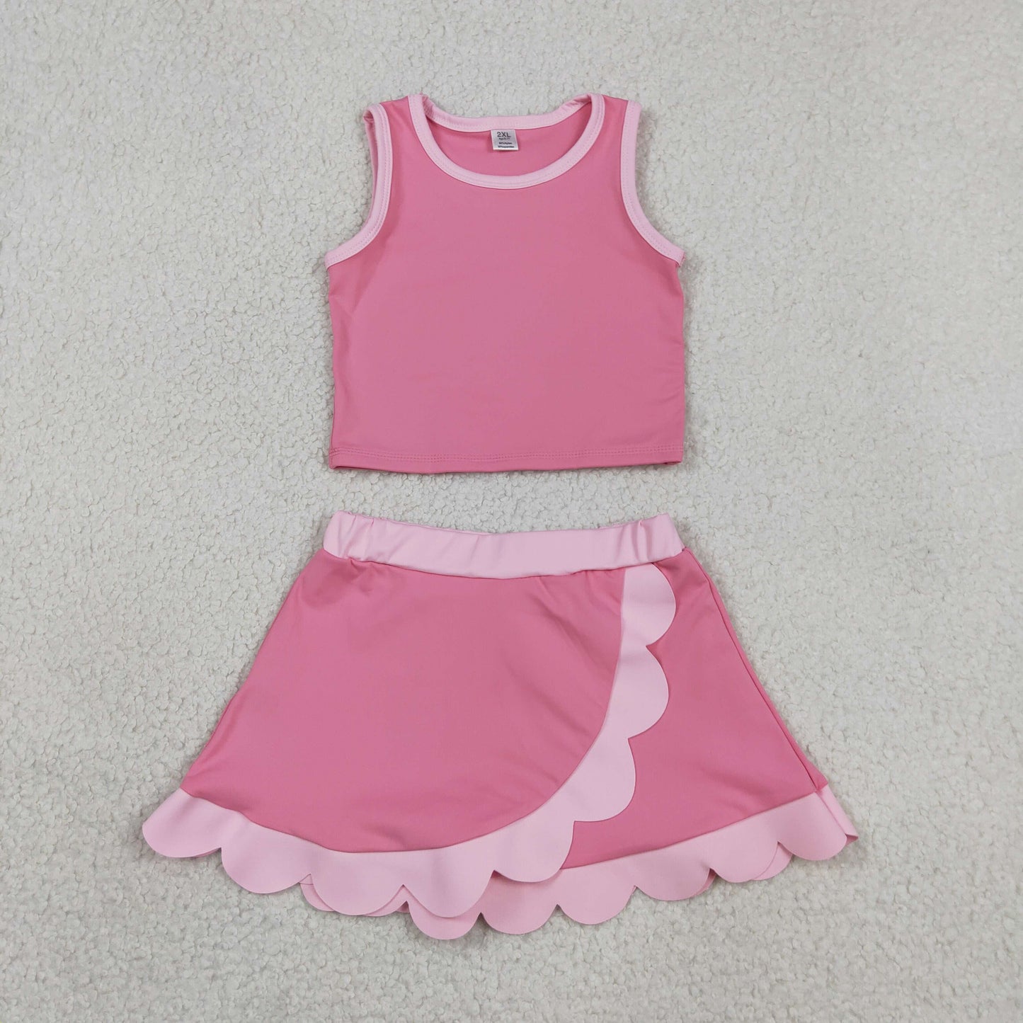RTS NO MOQ yoga fabric cotton GSD4063 Baby Girls Summer Pink Sleeveless Scallop Skirt Yoga Set