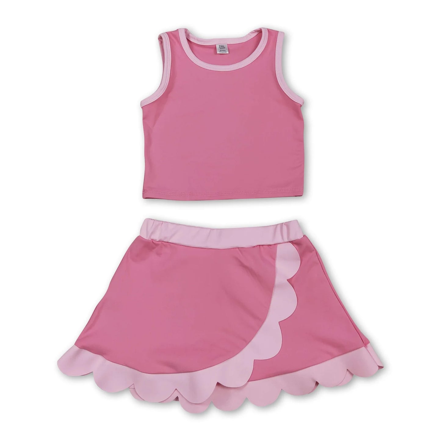RTS NO MOQ Sibling milk silk Baby Girls Solid Sleeveless Vest Top Scallop Hem Mini Skirt Two Piece Yoga Active Matching Clothes Set
