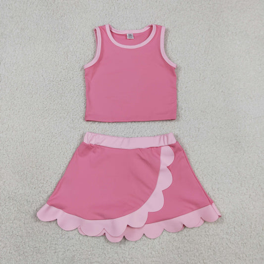 RTS NO MOQ yoga fabric cotton GSD4063 Yoga Baby Girls Cute Sleeveless Pink Vest Scallop Skirt Yoga Set