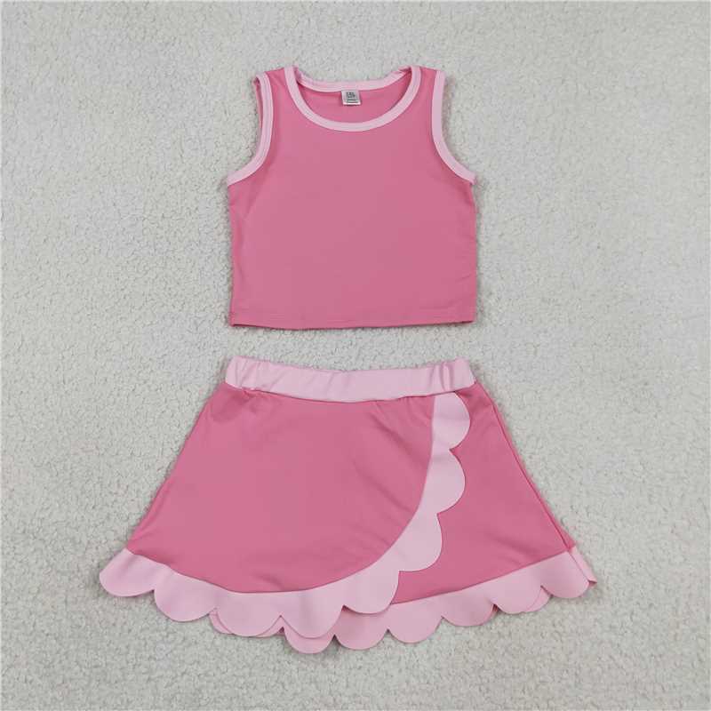 RTS NO MOQ Sibling yoga fabric Baby Girls Sleeveless Vest Scallop Skirt Short Yoga Active  Set
