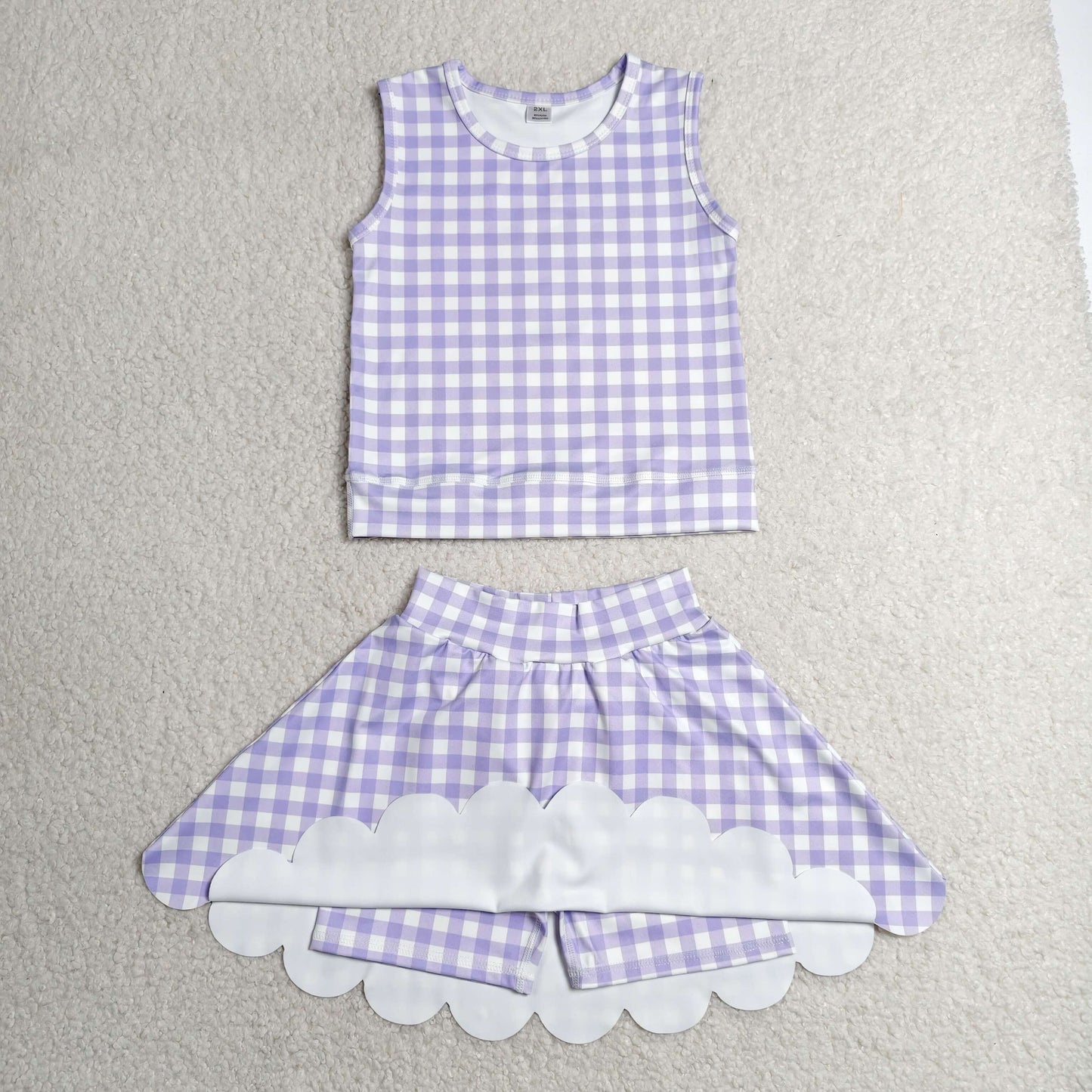RTS NO MOQ  yoga fabric GSD4067 Baby Girls Lavender Plaid Vest Scallop Trim Yoga Set