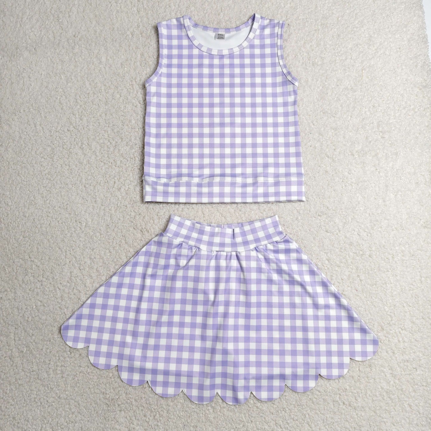RTS NO MOQ  yoga fabric GSD4067 Baby Girls Lavender Plaid Vest Scallop Trim Yoga Set