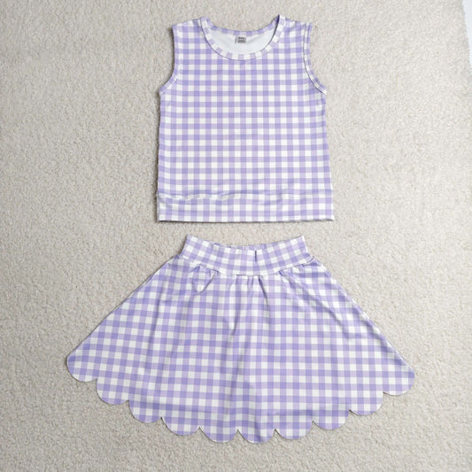 RTS NO MOQ  yoga fabric GSD4067 Baby Girls Lavender Plaid Vest Scallop Trim Yoga Set