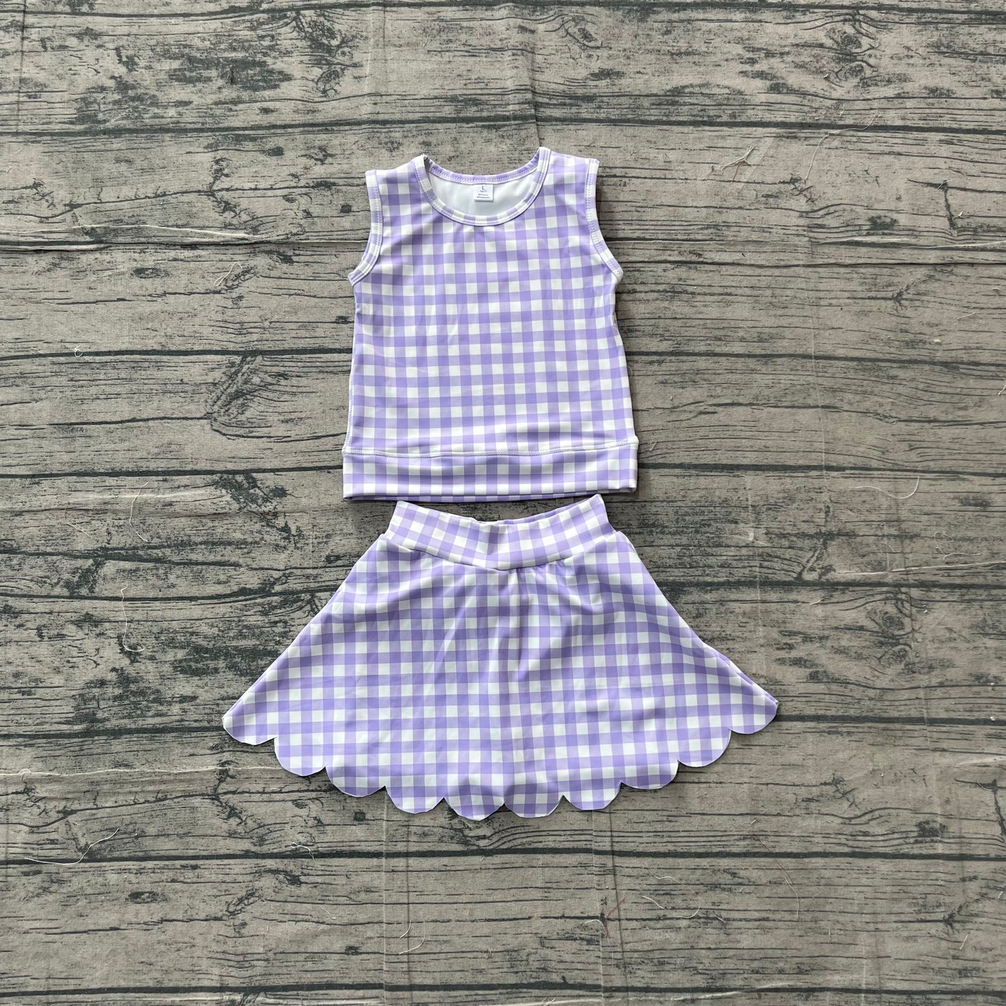 (Sample) No moq yoga fabric GSD4067 Yoga Baby Girls Lavender Plaid Vest Scallop Trim Yoga Clothes Set