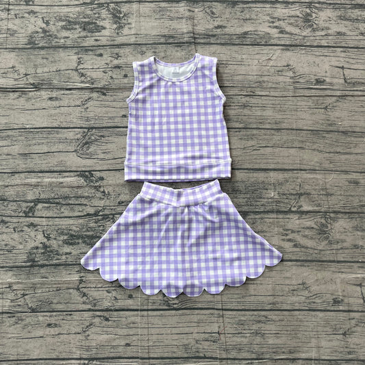 (Sample) No moq yoga fabric GSD4067 Yoga Baby Girls Lavender Plaid Vest Scallop Trim Yoga Clothes Set