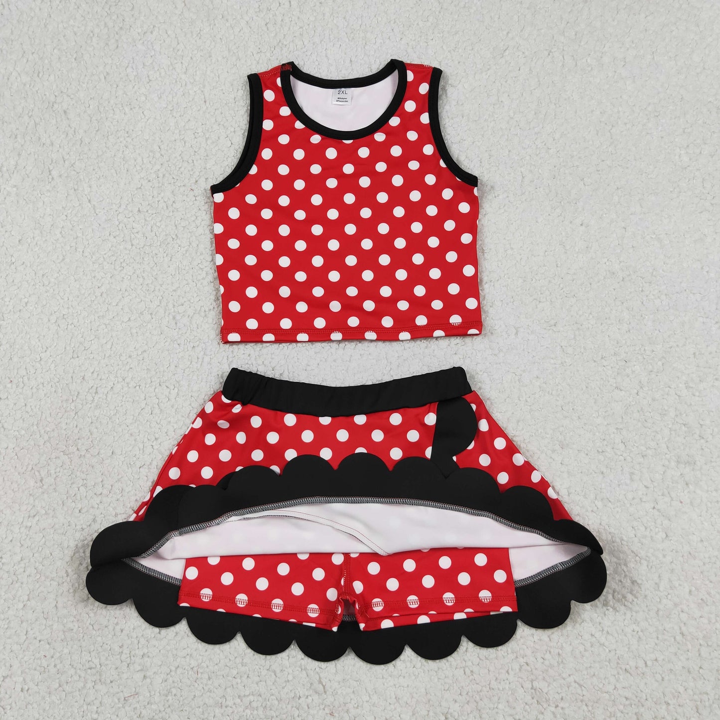 RTS NO MOQ yoga fabric GSD4080 Baby Girls Cute Red Polka Dot Sleeveless Vest Scallop Skort Active Set