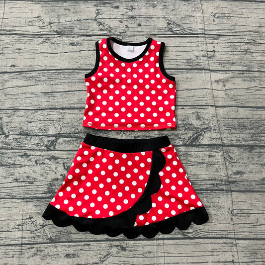 (Sample) No moq GSD4080 Yoga Toddler Girls Red Polka Dots Print Vest Scallop Skirt Short Yoga Sports Outfit
