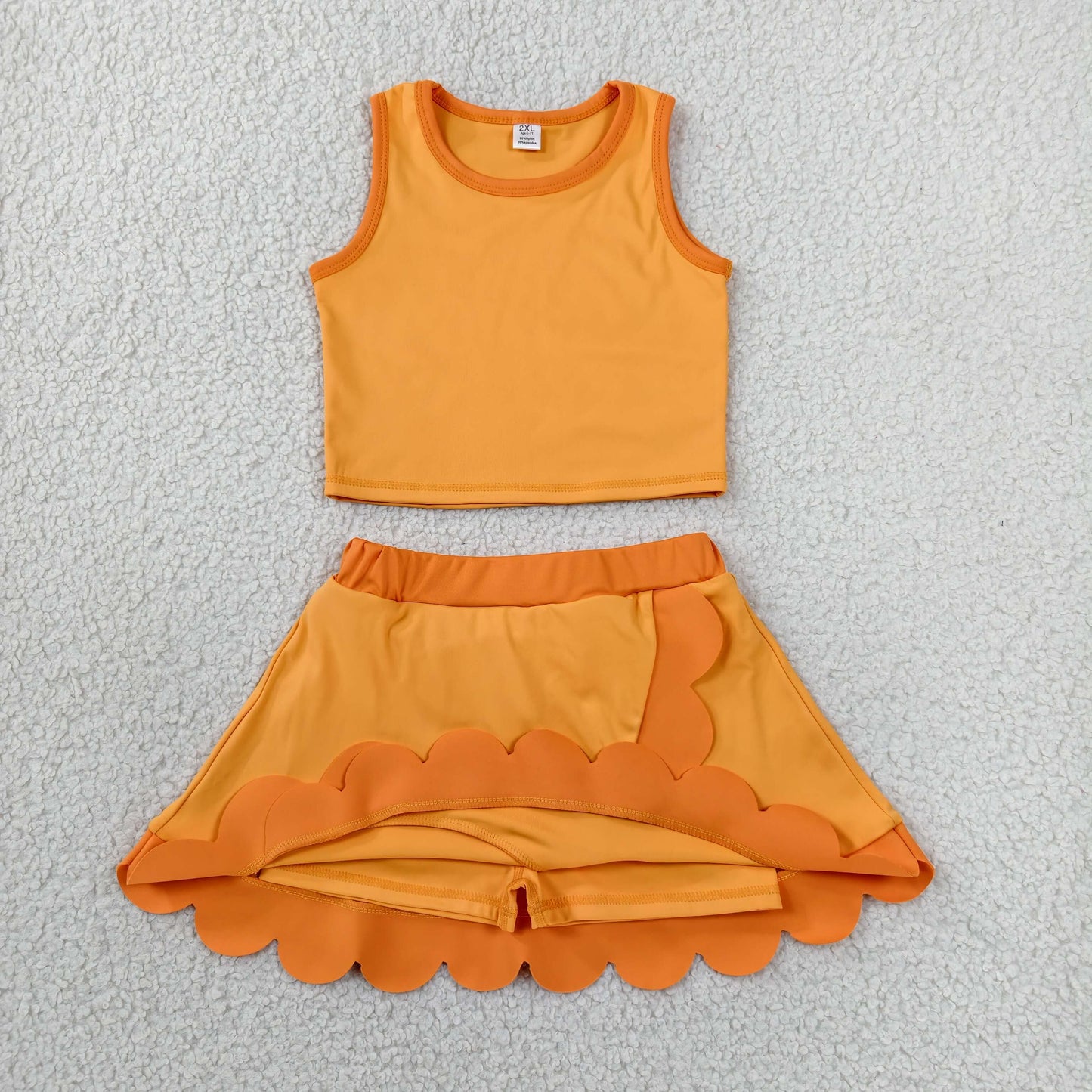 RTS NO MOQ yoga fabric cotton GSD4081 Baby Girls Summer Orange Vest Scallop Skirt Yoga Active Set
