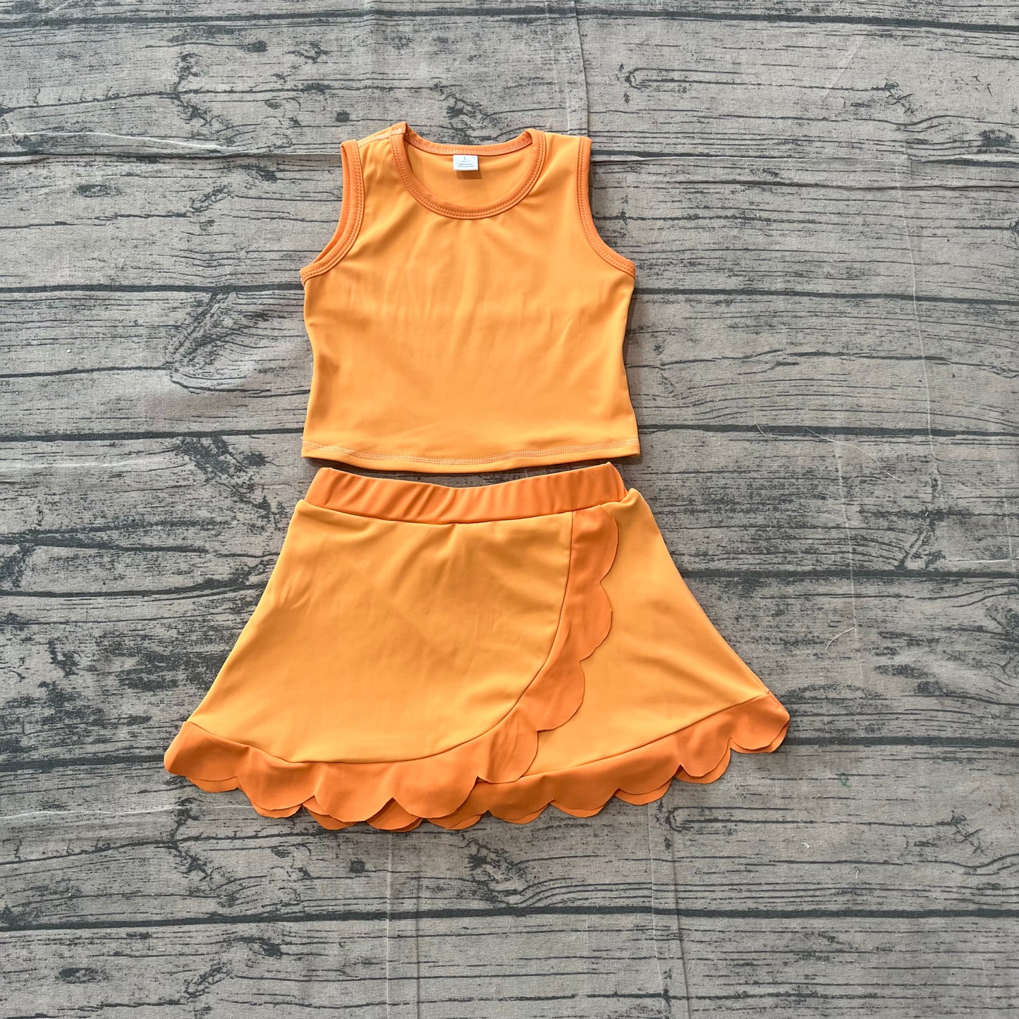 (Sample) No moq yoga fabric GSD4081 Yoga Baby Girls Cute Orange Vest Scallop Skirt Yoga Active Set