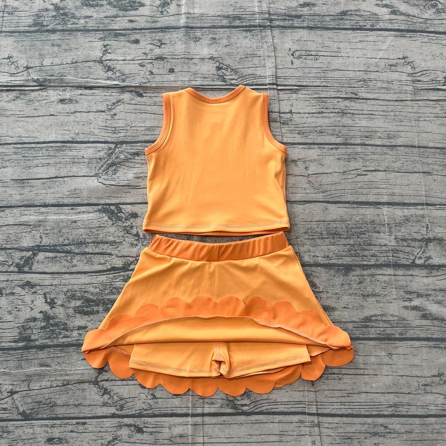 (Sample) No moq yoga fabric GSD4081 Yoga Baby Girls Cute Orange Vest Scallop Skirt Yoga Active Set