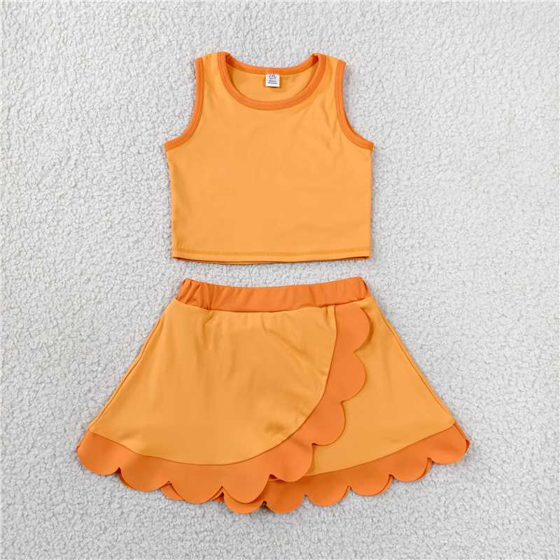 RTS NO MOQ Sibling yoga fabric Baby Girls Sleeveless Vest Scallop Skirt Short Yoga Active  Set