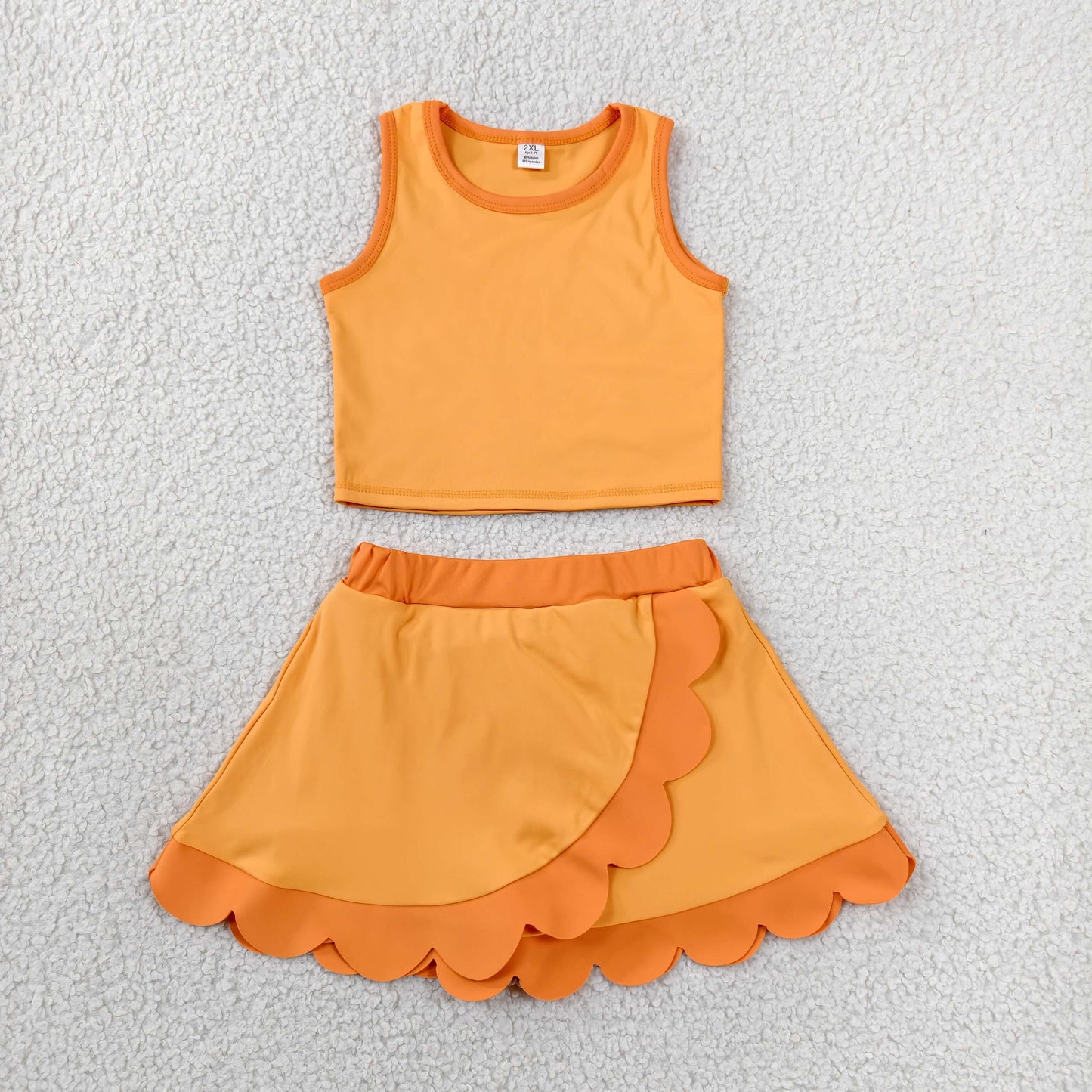 RTS NO MOQ Sibling yoga fabric cotton Baby Girls Solid Color Sleeveless Top Scallop Skirt Short Yoga Sports Outfit Set