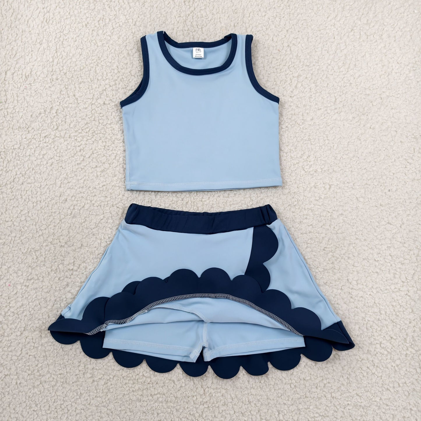 RTS NO MOQ yoga fabric cotton GSD4082 Toddler Girls Blue Vest Scallop Skirt Short Summer Yoga Sports Outfit