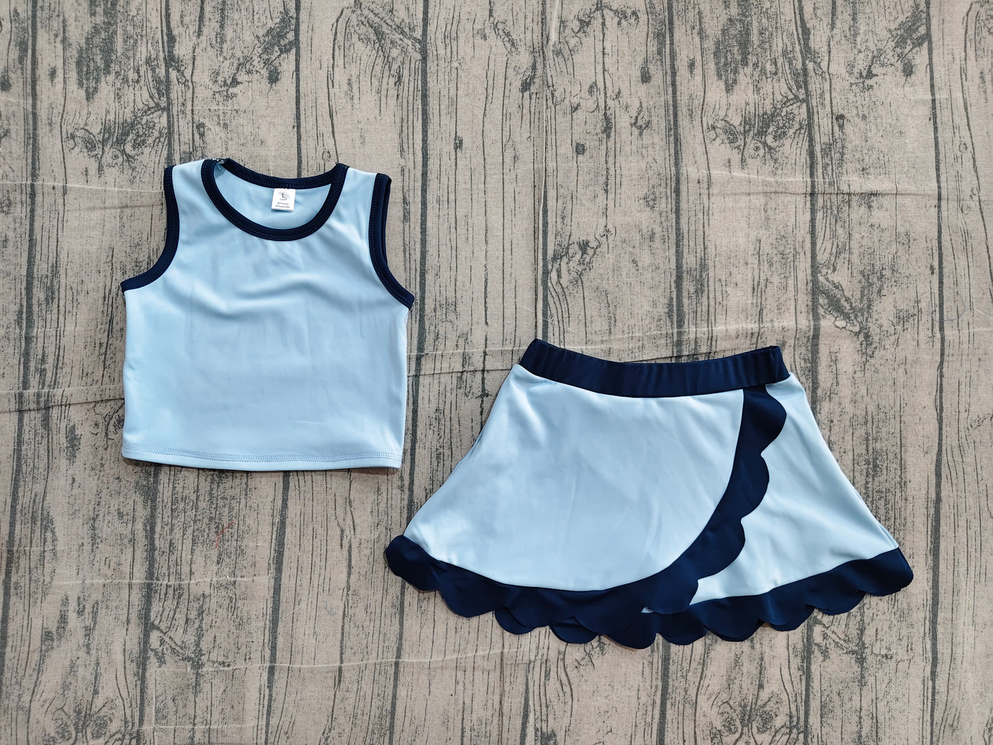 (Sample) No moq GSD4082 Yoga Toddler Girls Blue Vest Scallop Skirt Short Yoga Sports Outfit
