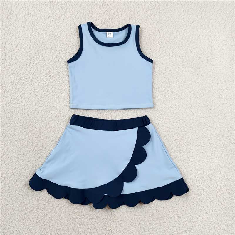 RTS NO MOQ Sibling yoga fabric Baby Girls Sleeveless Vest Scallop Skirt Short Yoga Active  Set