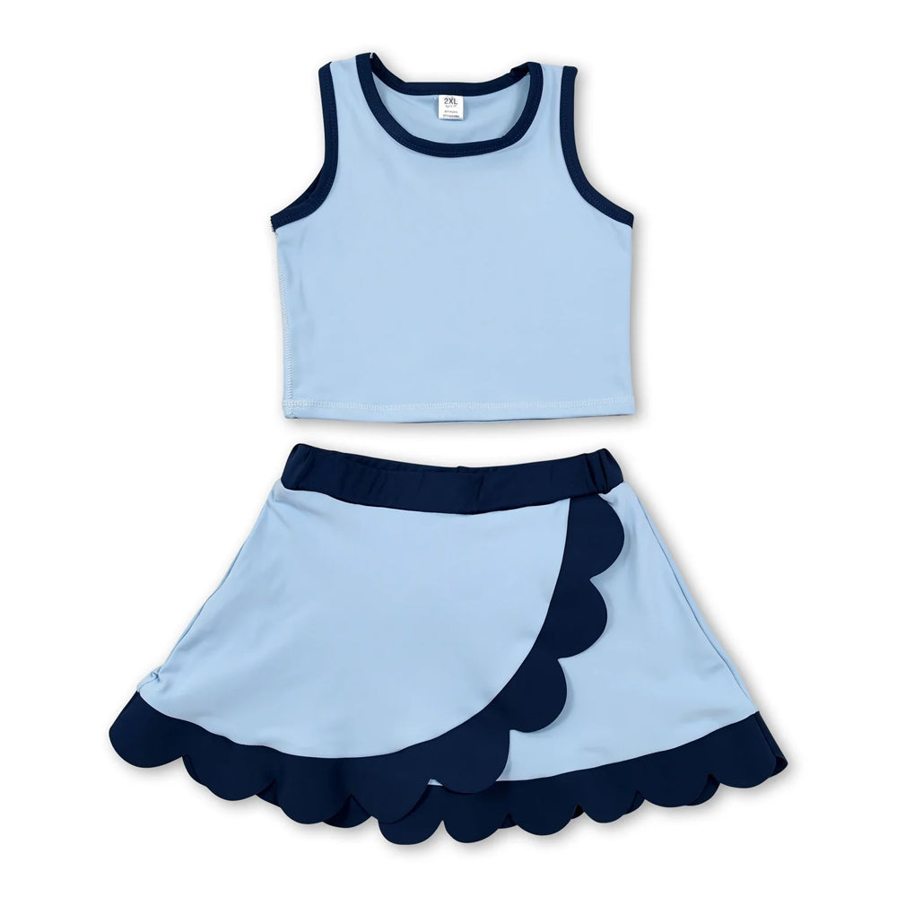 RTS NO MOQ Sibling cotton Baby Girls Navy Blue Sleeveless Vest Scallop Skirt Yoga Active Set Short Knee Length Dress
