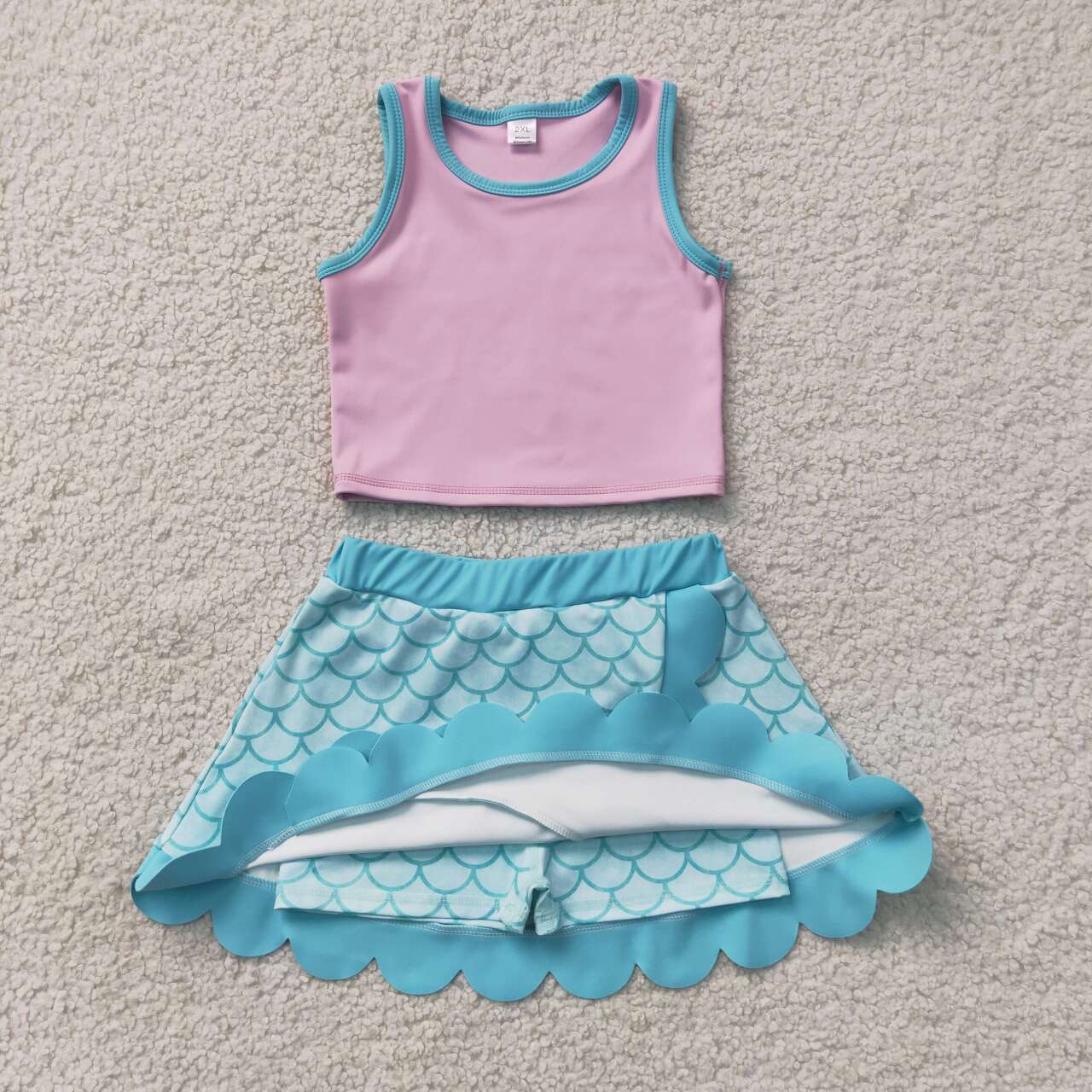 NEW RTS NO MOQ yoga fabric GSD4083  Baby Girls Pink Aqua Vest Scallop Yoga Skort Set