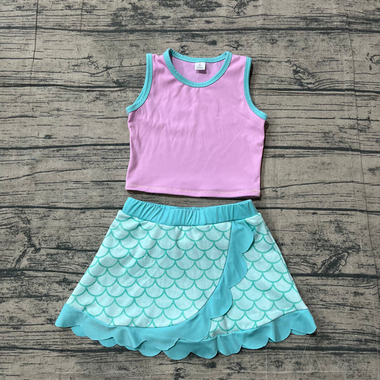 (Sample) No moq GSD4083  Yoga Baby Girls Casual Lavender Aqua Scallop Skort Set