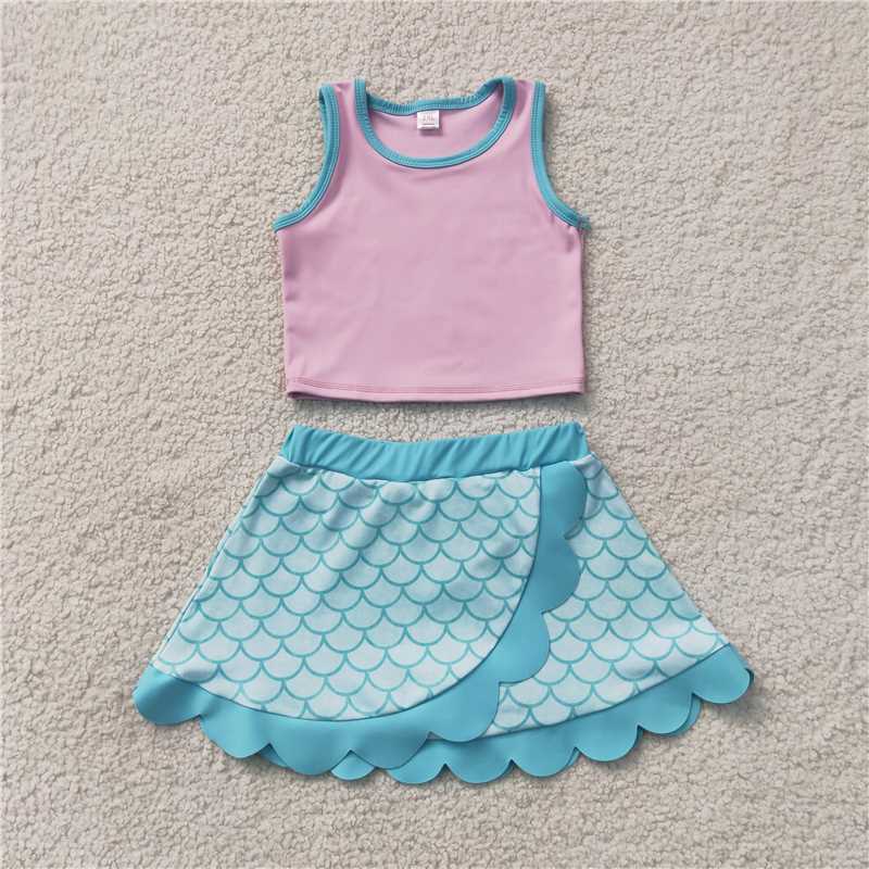 RTS NO MOQ Sibling yoga fabric Baby Girls Sleeveless Vest Scallop Skirt Short Yoga Active  Set