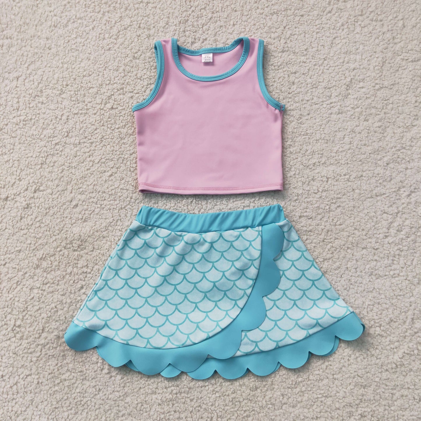 RTS NO MOQ Sibling yoga fabric Baby Girls Pink Aqua Print Vest Top Matching Scallop Skort Yoga Active Set Dress