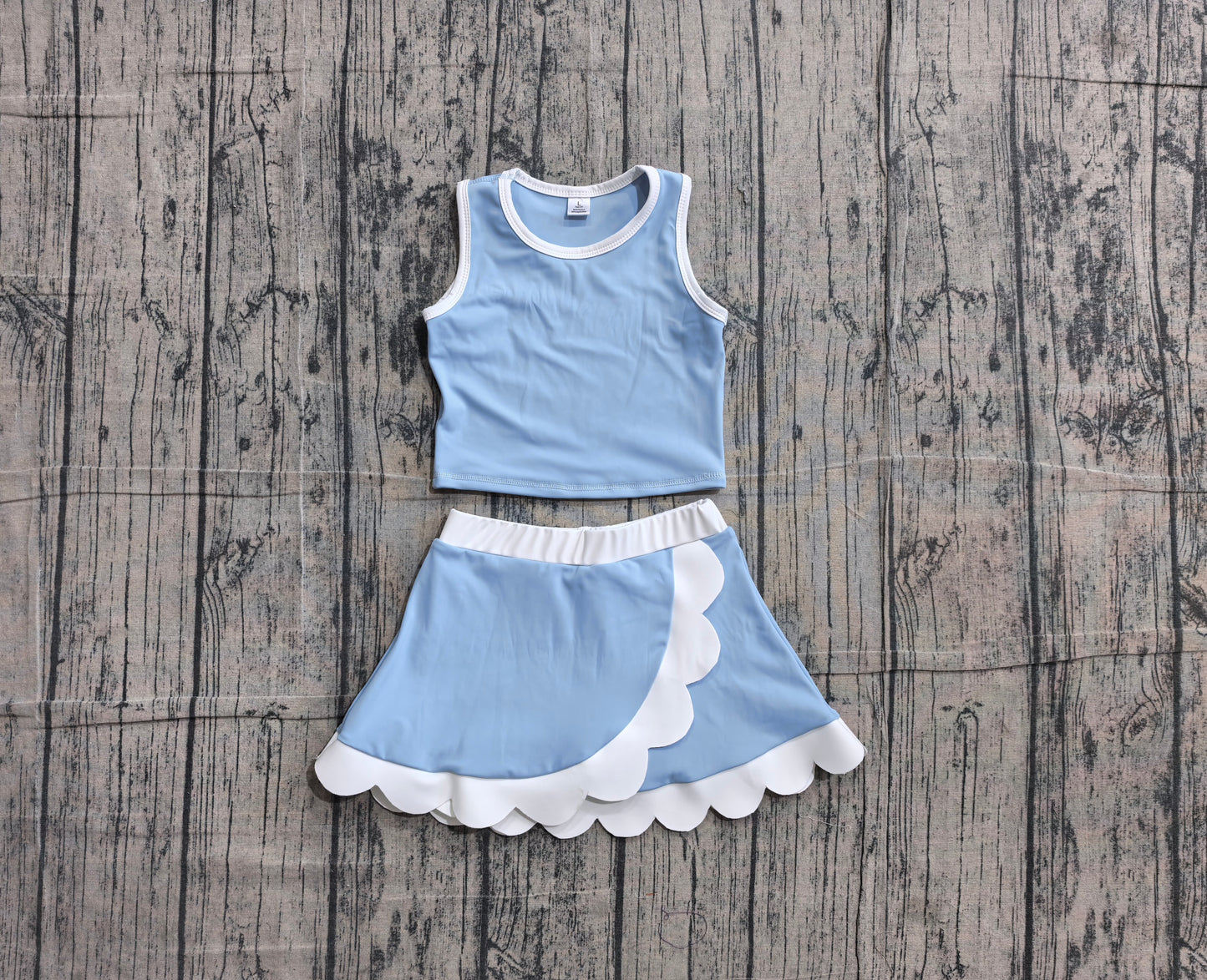 (Sample) No moq GSD4084 Yoga Baby Girls Cute Light Blue Scallop Trim Vest Skort Yoga Outfit
