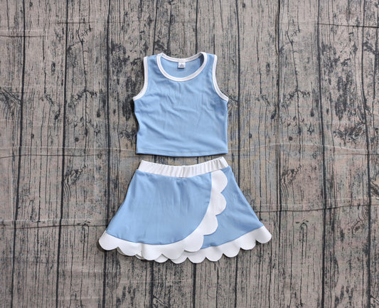 (Sample) No moq GSD4084 Yoga Baby Girls Cute Light Blue Scallop Trim Vest Skort Yoga Outfit