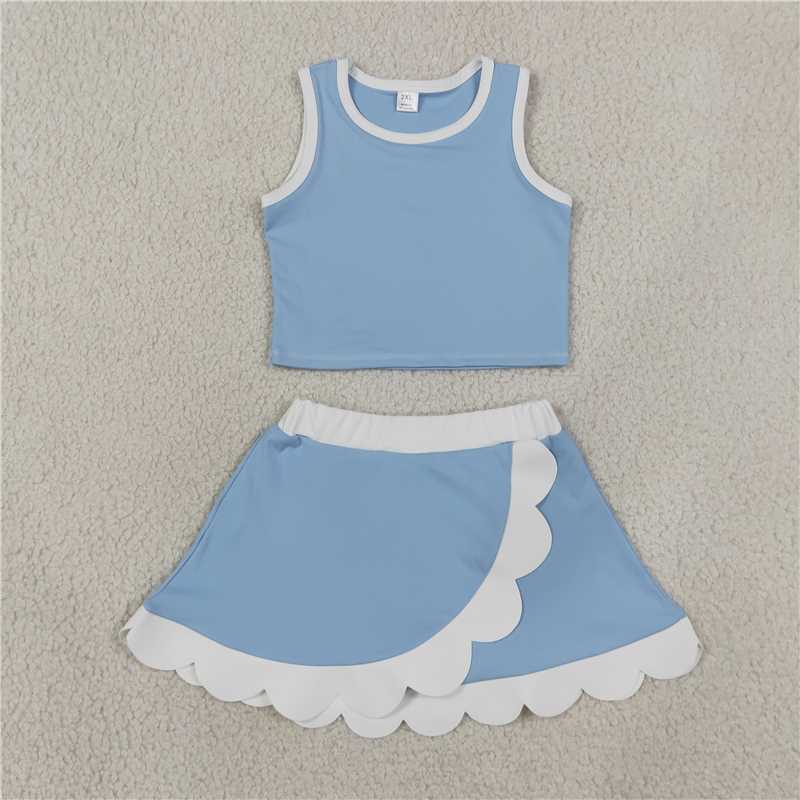 RTS NO MOQ Sibling yoga fabric Baby Girls Sleeveless Vest Scallop Skirt Short Yoga Active  Set