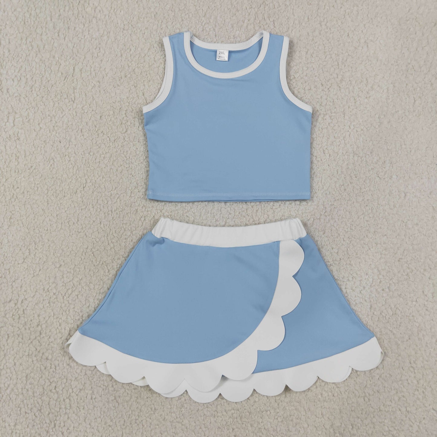 RTS NO MOQ Sibling yoga fabric Baby Girls Scallop Trim Crop Top Skort Two Piece Yoga Active Summer Outfit Set