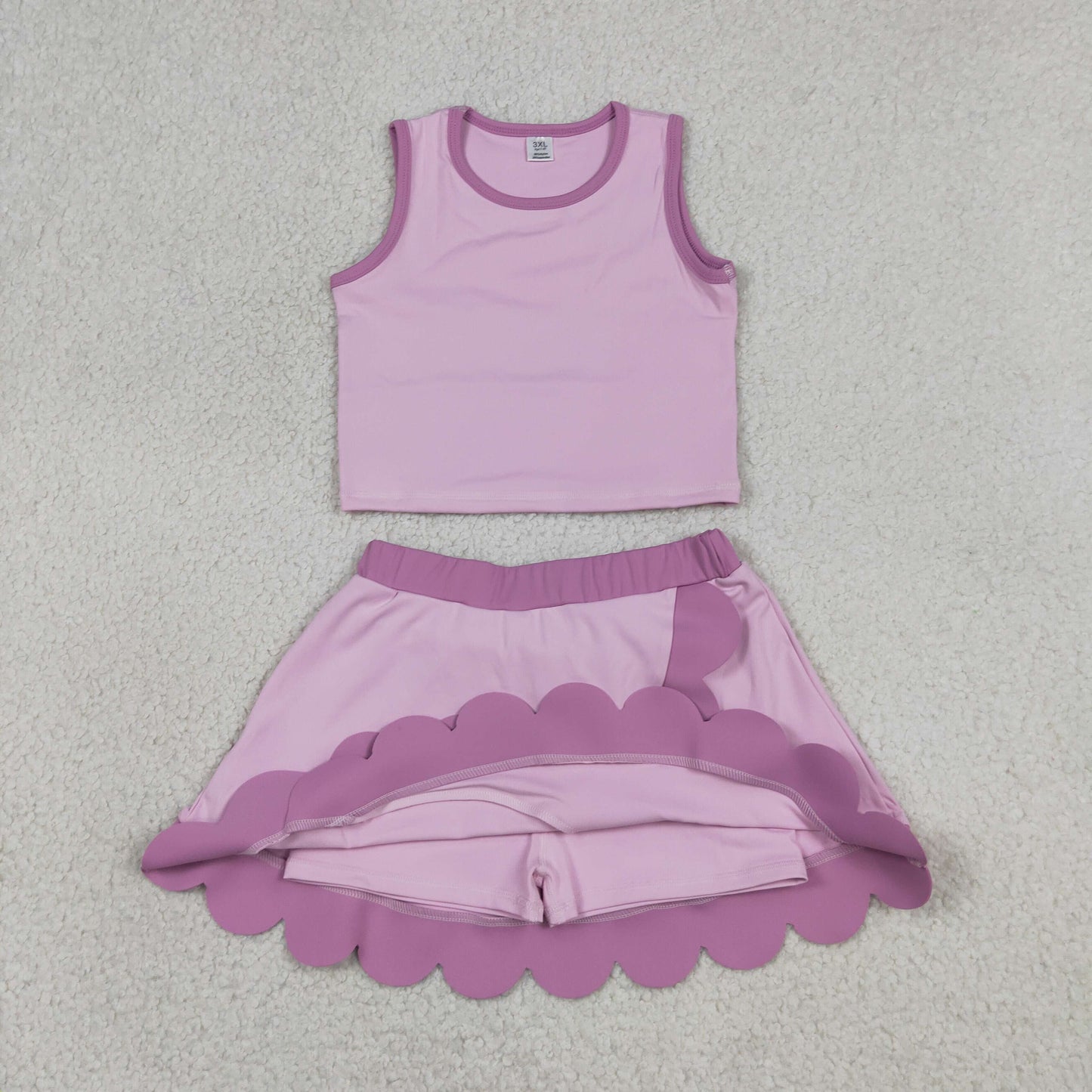 RTS NO MOQ yoga fabric cotton GSD4085 Baby Girls Cute Pink Sleeveless Vest Scallop Skirt Active Set