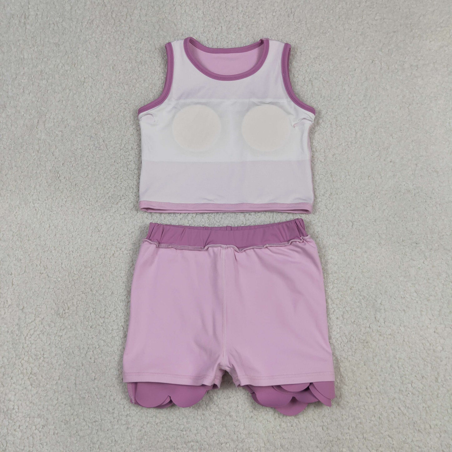 RTS NO MOQ yoga fabric cotton GSD4085 Yoga Baby Girls Yoga Active Pink Vest Scallop Hem Shorts Set
