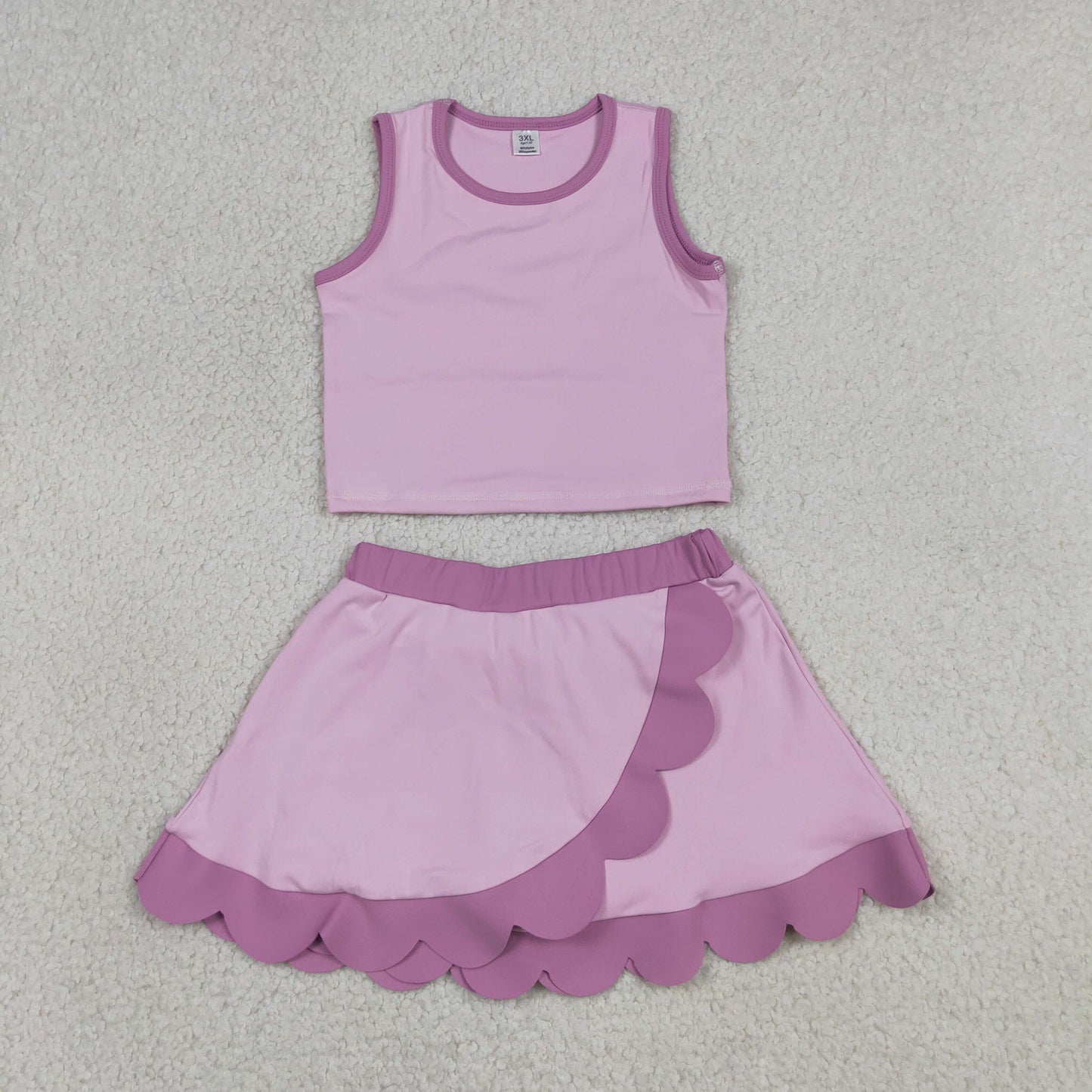 RTS NO MOQ yoga fabric cotton GSD4085 Baby Girls Cute Pink Sleeveless Vest Scallop Skirt Active Set