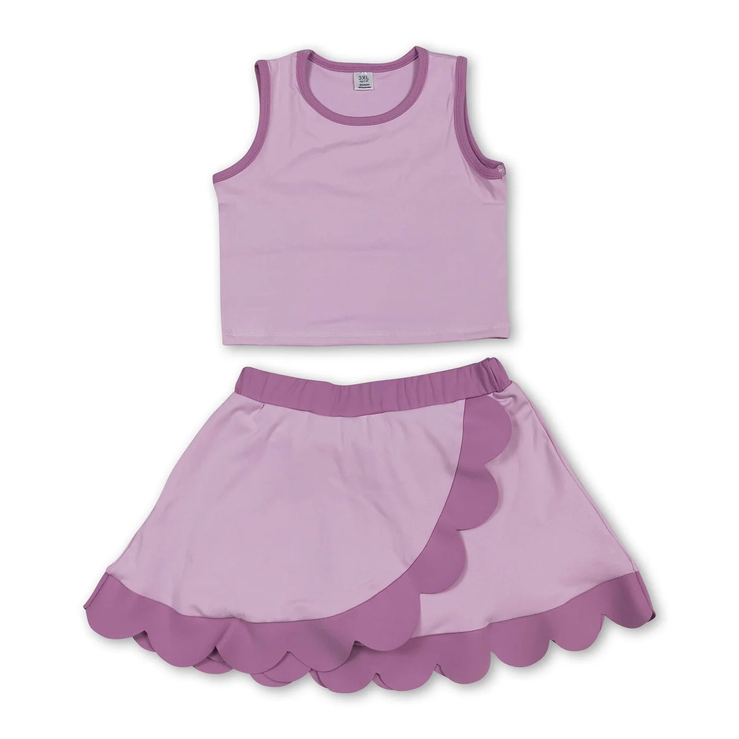 RTS NO MOQ Sibling milk silk Baby Girls Solid Sleeveless Vest Top Scallop Hem Mini Skirt Two Piece Yoga Active Matching Clothes Set