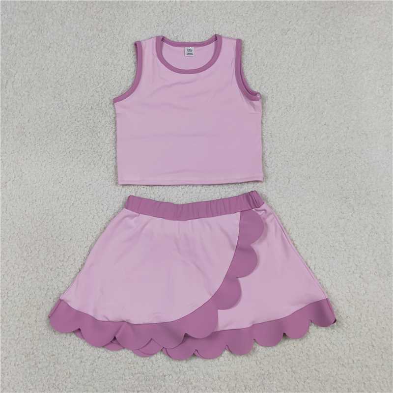 RTS NO MOQ Sibling yoga fabric Baby Girls Sleeveless Vest Scallop Skirt Short Yoga Active  Set