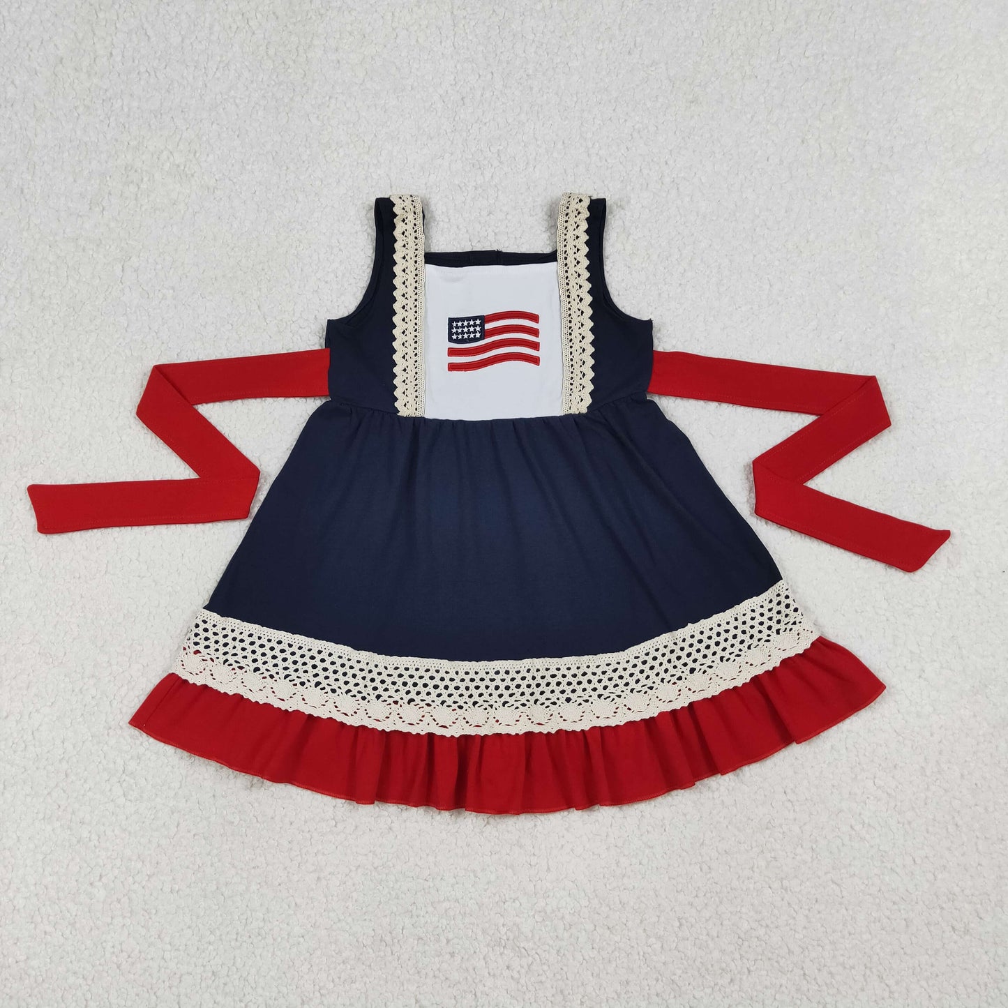 RTS NO MOQ GSD4087 Baby Girls Sleeveless Ruffle Knee-Length Dress Embroidered Flags 4th of July Casual Summer Outfit for Toddlers(2T-10-12T）