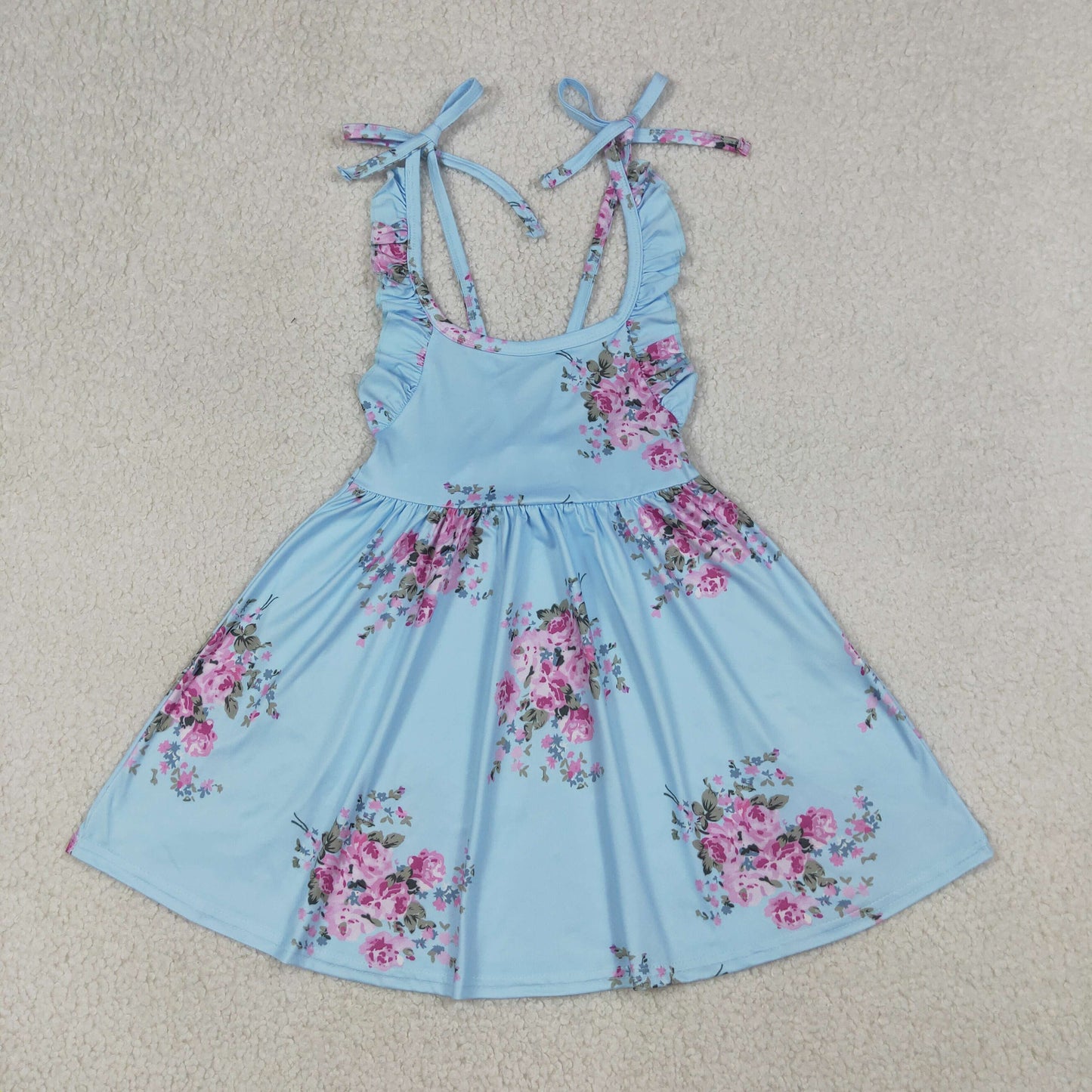 RTS NO MOQ GSD4088 Baby Girls Knee-Length Dress with Blue Straps And Flowers(2T-10-12T）