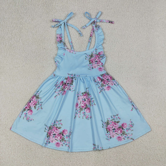 RTS NO MOQ GSD4088 Baby Girls Knee-Length Dress with Blue Straps And Flowers(2T-10-12T）