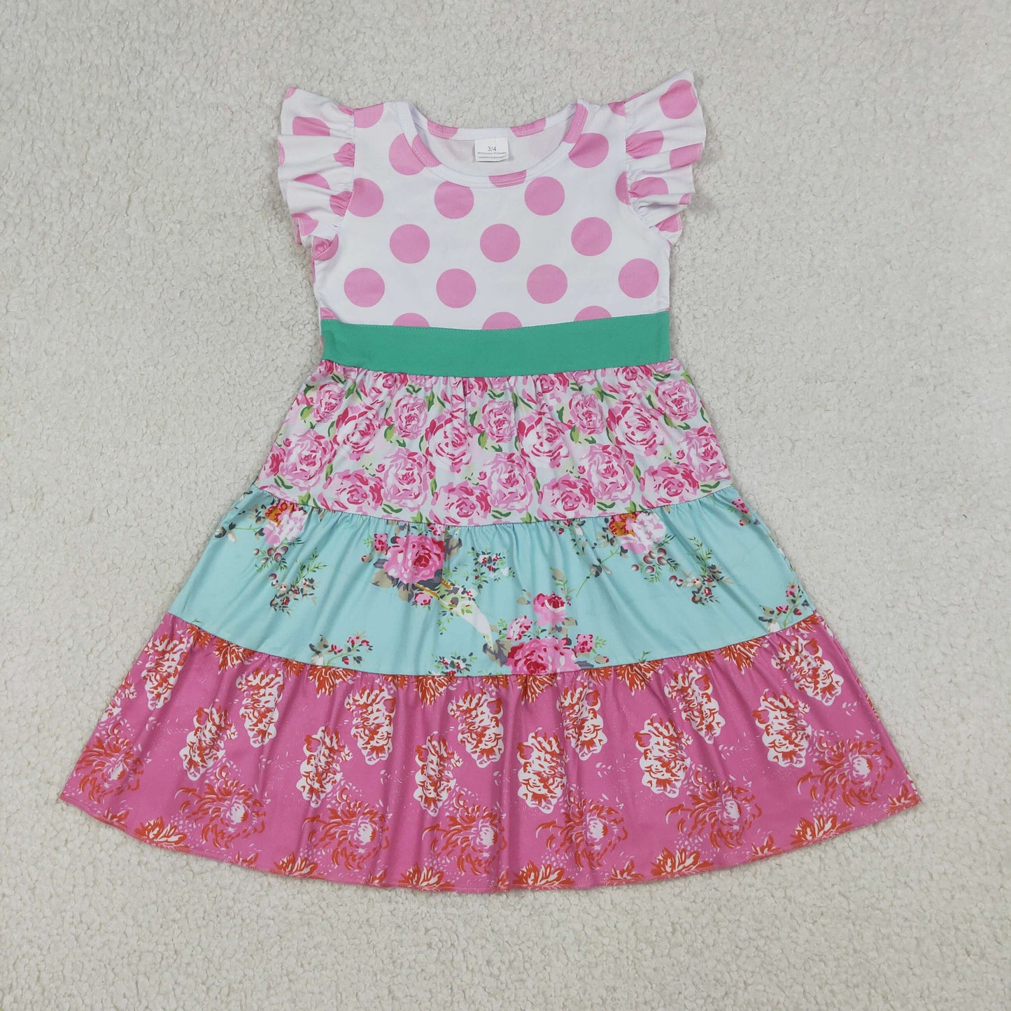 RTS NO MOQ GSD4089 Baby Girls Patchwork Knee Length Dresses with Flutter Sleeves Floral Print(3-4T-10-12T）