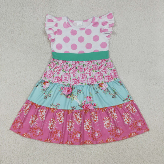 RTS NO MOQ GSD4089 Baby Girls Patchwork Knee Length Dresses with Flutter Sleeves Floral Print(3-4T-10-12T）