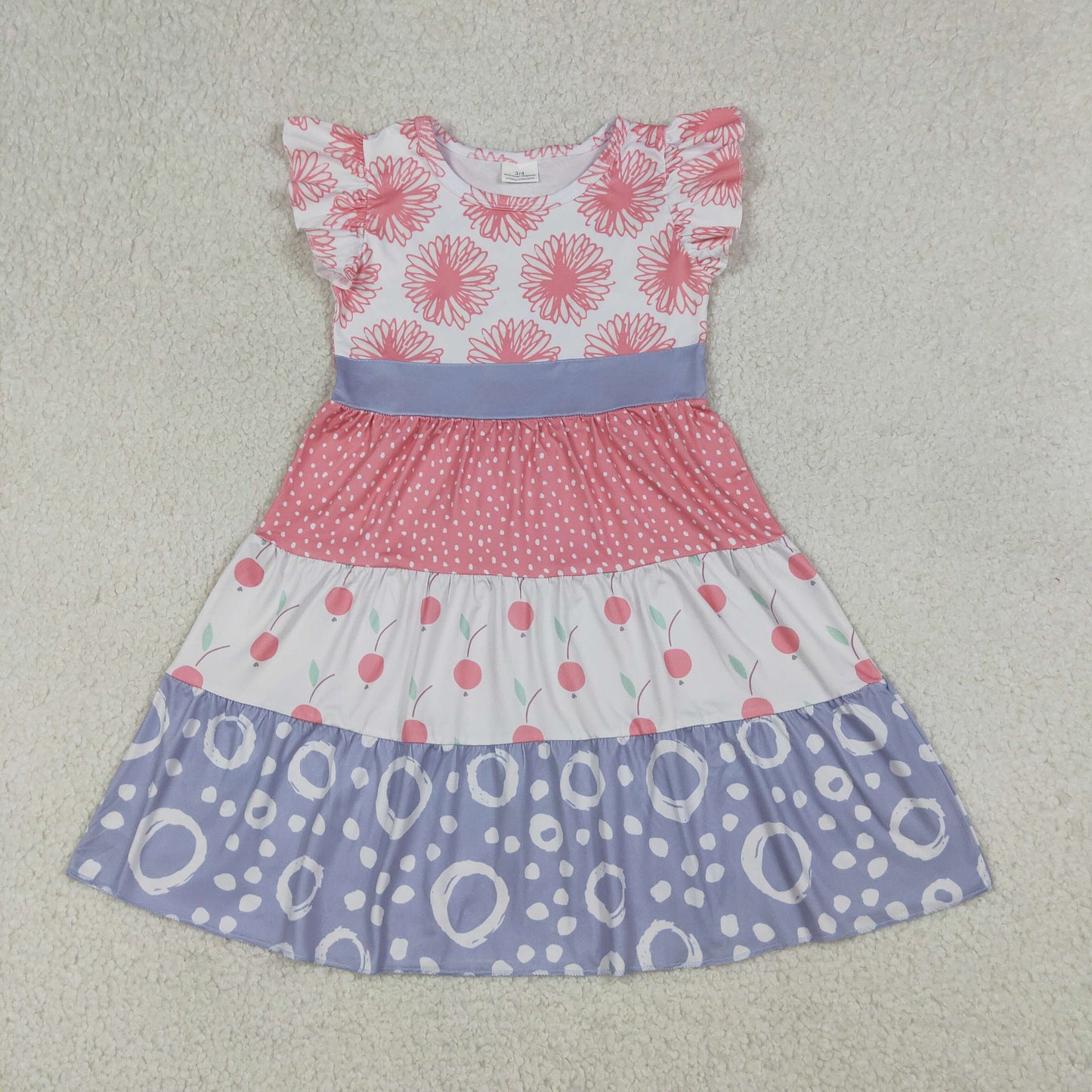 RTS NO MOQ Sibling Baby Girls Flowers Patchwork Flutter Sleeves Knee-Length Dress