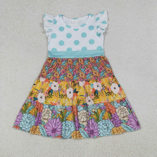 RTS NO MOQ GSD4091 Baby Girls Knee-Length Dress with Colorful Flowers Patchwork And Flutter Sleeves for Spring/Summer(3-4T-10-12T）