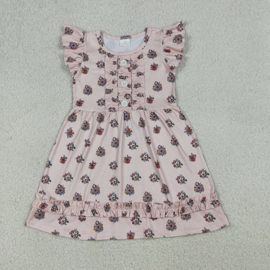 RTS NO MOQ GSD4092 Baby Girls Floral Button Ruffle  Flutter Sleeves Knee-Length Dress(3-4T-10-12T）