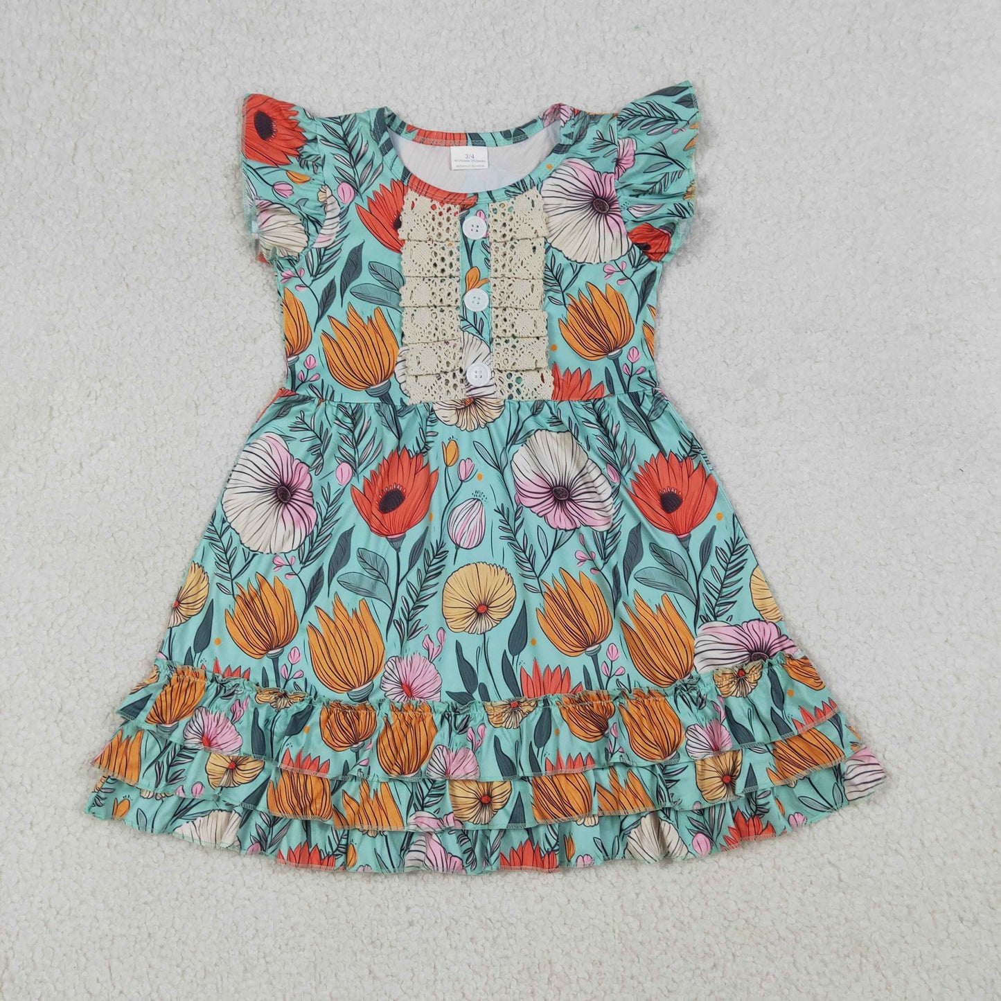 RTS NO MOQ GSD4093 Baby Girls Knee-Length Dress with Flutter Sleeves Colorful Flowers Button Ruffle(3-4T-14T）