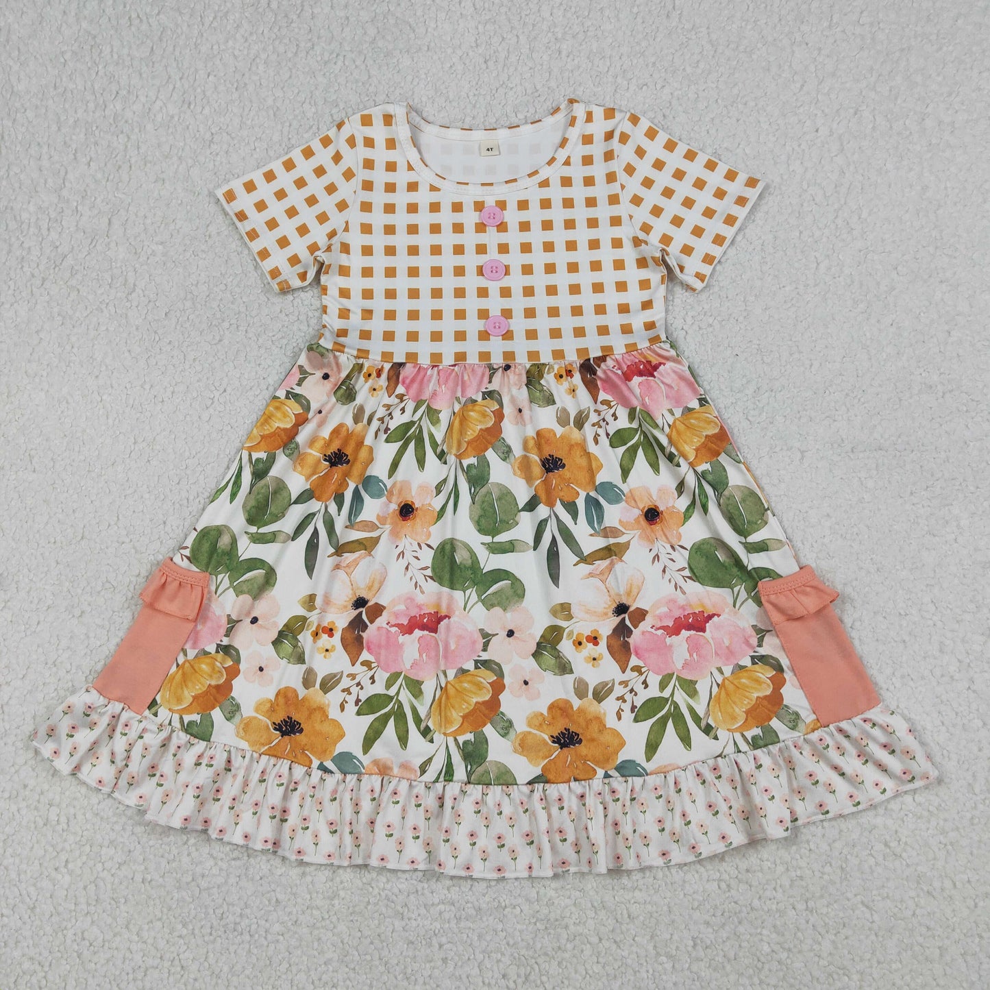 RTS NO MOQ GSD4095 Baby Girls Short Sleeve with Flowers Button Pockets Ruffle  Knee-Length Dress （6-12M-7-8T）